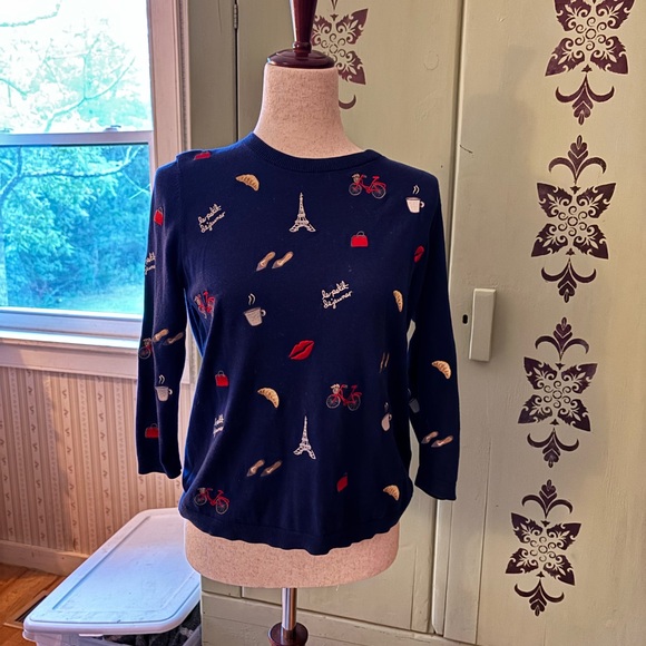 Talbots Petites Paris Embroidered Sweater MP Navy Eiffel Tower Croissant Coffee - Picture 6 of 6
